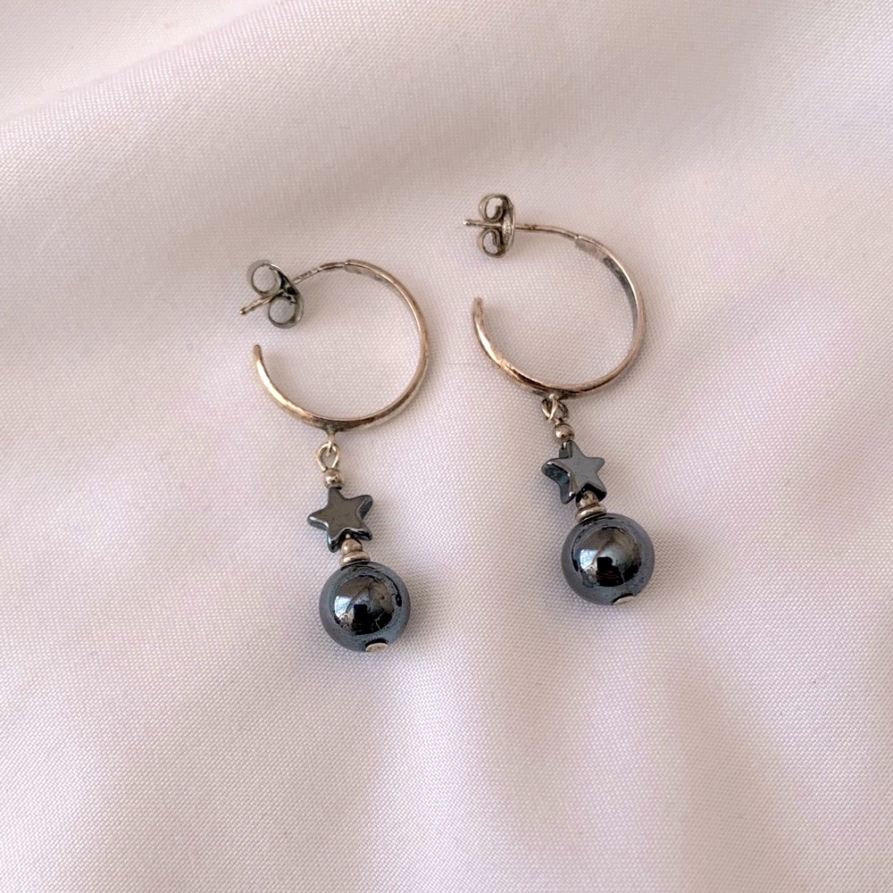 Vintage Women's Dark Silver Star Small Hoop Dangle Drop Earrings